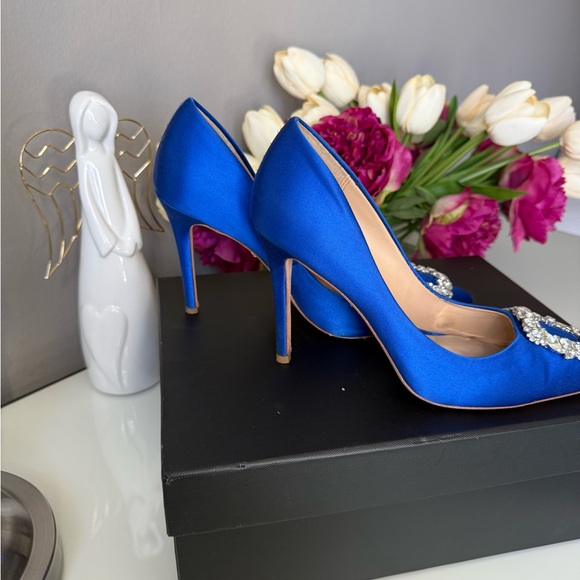 Badgley Mischka Blue Satin Heels with Sparkling Buckle - Picture 3 of 6